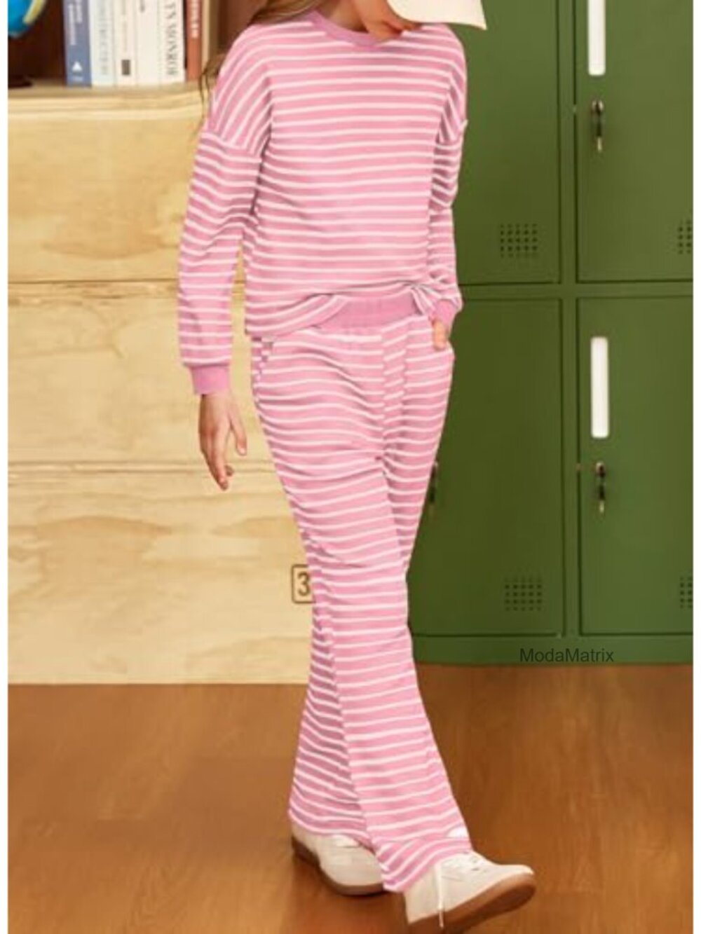 Girls Waffle Sweatshirt & Pants 2-Piece Set Long Sleeve Striped Casual - Picture 4 of 6